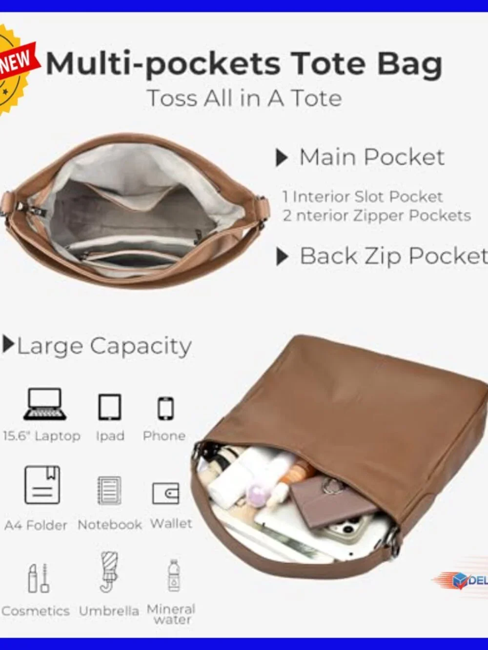Large Genuine Leather Hobo Tote with Detachable Straps, Crossbody Shoulder Bag